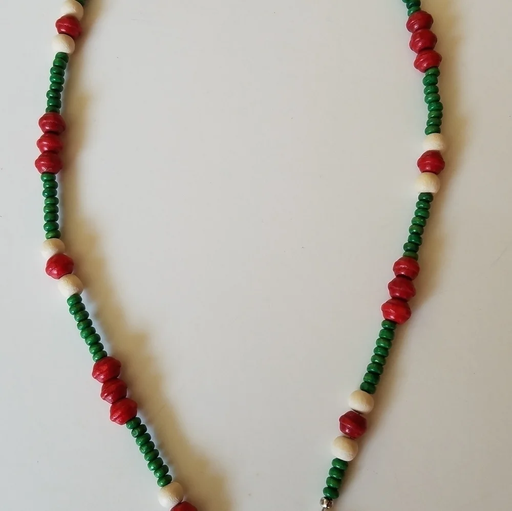 Hand Crafted Beaded Face Mask Chain Holder/Lanyard Red, White Green Wood Beads